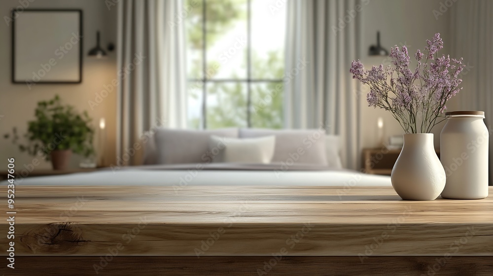 Aufkleber wood tabletop or counter with display product blur bedroom interior background concept for use : gen