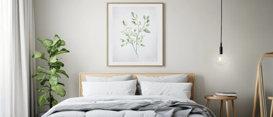 A bedroom with a white bed, a framed picture of a plant, and a lamp