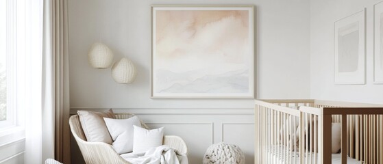 A white nursery room with a crib and a rocking chair