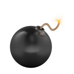 Black round bomb with burning fuse. 3D rendering isolated on transparent background