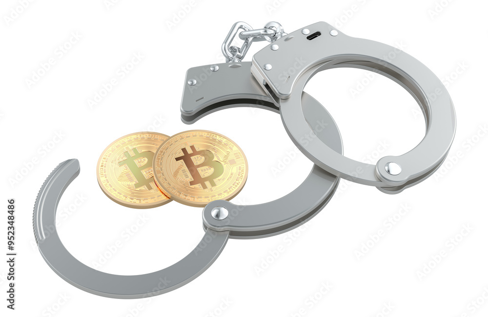 Poster handcuffs with bitcoins, 3d rendering isolated on transparent background