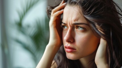 Obraz premium woman very sad and upset looking at damaged hair, hair loss, hair thinning problem, vitamin deficiency, baldness, postpartum, biotin, zinc, menstrual or endocrine disorders, hormonal imbalance