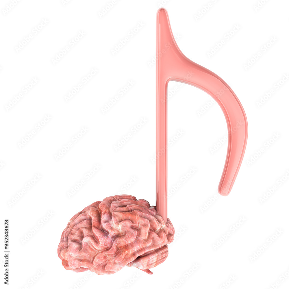 Poster music note with brain, 3d rendering isolated on transparent background