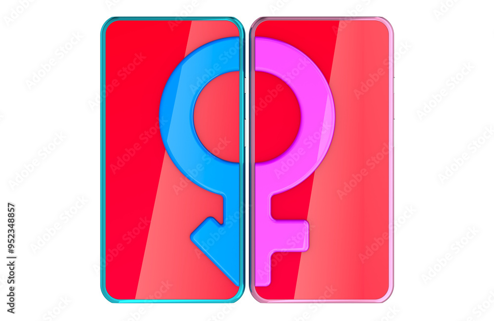 Poster smartphone with gender symbols. dating applications, concept. 3d rendering isolated on transparent b