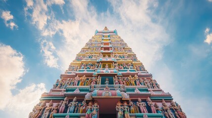 Temple Gopuram against the sky, with space for text below. Towering symbol of devotion.