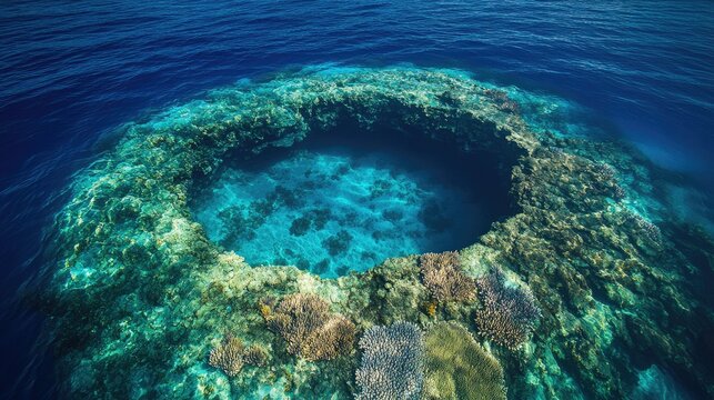 A top view of a coral atoll surrounded by deep blue sea, with clear water revealing the vibrant coral below.