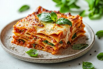 A Serving of Lasagna with Basil Garnish on a Plate