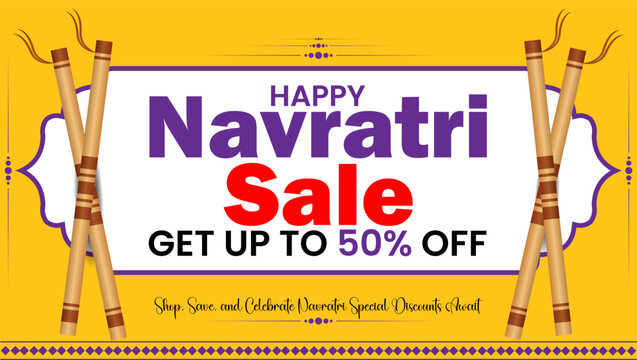 Navratri Sale Yellow background dandiya sticks and text offering up to 50 percent off

