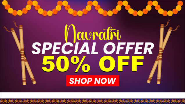 Navratri Special Offer Purple background 50 percent  OFF marigold garlands and dandiya sticks