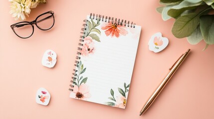 A notebook with a floral design sits on a table next to a pen