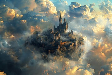 Fototapeta premium A majestic castle floating among vibrant clouds, evoking dreams of fantasy and adventure.