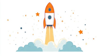 Rocket launching to a star, simple shapes, minimal flat design illustration on white background, copy space for stock photo with minimal concept, No logo, No Trademark, No text
