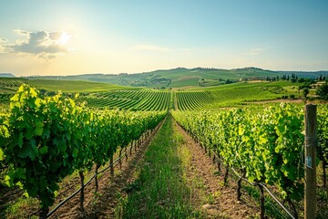 Rows of Grapevines in a Vineyard under a Sunny Sky