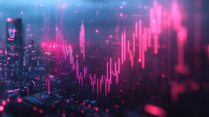 Abstract pink crisis business and forex chart on blurry toned city wallpaper with bokeh circles Downward trend and financial downfall concept Double exposure : Generative AI