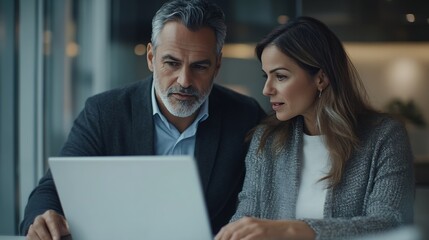 Mature 40s age Latin business man mentoring mid age European business woman discussing project on laptop in office Two colleagues group of partners businessman and businesswoman workin : Generative AI
