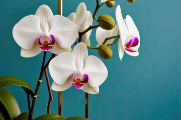 Elegance of a White Orchid Blooming on Cool Teal