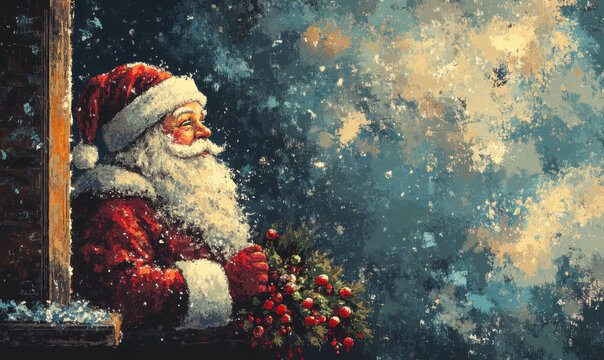 Professional retro vintage postcard illustration painting with a traditional Christmas theme