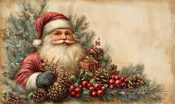 Professional retro vintage postcard illustration painting with a traditional Christmas theme