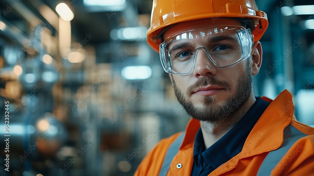 Aufkleber Young engineer working at large factoryTechnician in protective uniform and with hardhat  checking temperature in pipes : Generative AI
