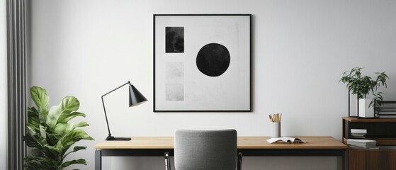 A black and white framed picture hangs on a white wall