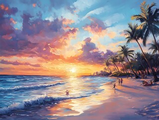 Enchanting Tropical Sunset on Serene Beach with Families Enjoying the Moment