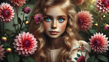 A young girl with long, wavy blonde hair, surrounded by vibrant dahlia flowers
