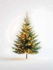 Solitary Christmas Tree Glowing with Warm Twinkling Lights on a Clean White Studio Set