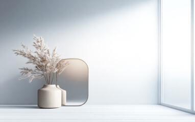Obraz premium Elegant room interior with a mirror next to a large window with neutral colors.