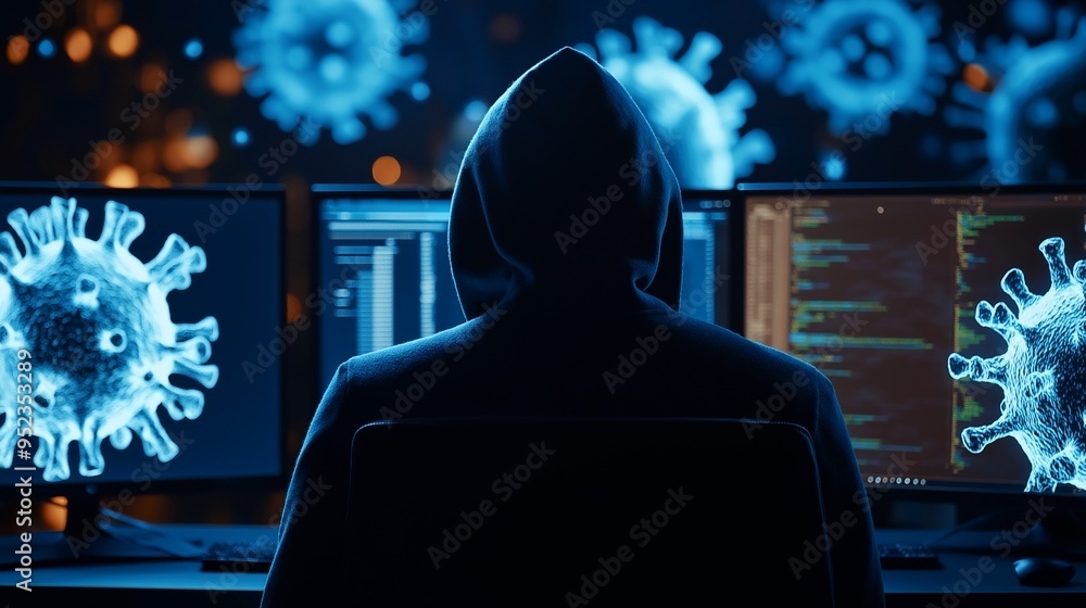 Poster cybersecurity hacker.a hooded figure hunches over multiple computer screens, the glow reflecting off