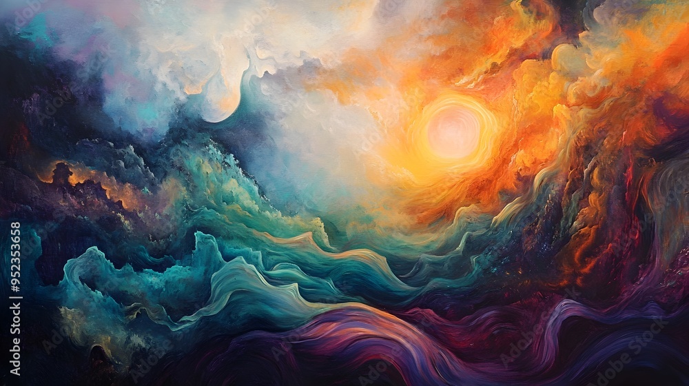 Poster surreal dreamscape with vibrant swirls of color and amorphous forms
