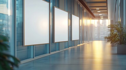 Fototapeta premium Triple Vertical digital Poster Mockup background in Sleek Modern Interior Blank white showcase screen on a wall inside an urban building Empty advertisement display media panels for p : Generative AI