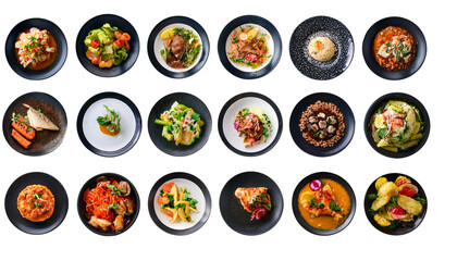 Assortment of Tasty Dishes in Black Bowls on Transparent Background With The Overhead View