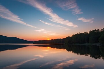 Tranquil Lakeside Sunset Landscape with Serene Sky and Reflections