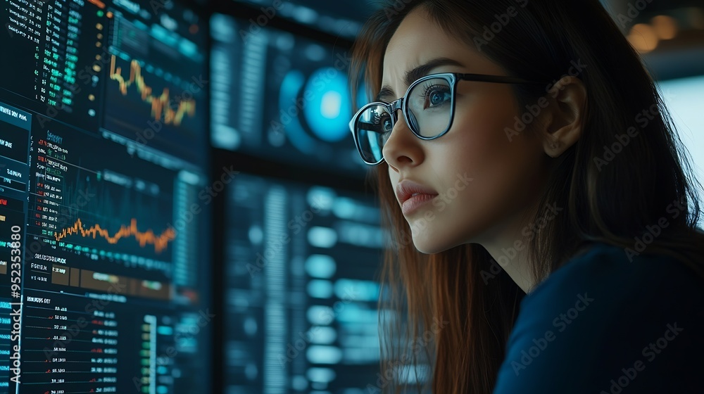 Poster businesswomen analyze chart data business on a visual screen dashboard laptop technology devices and