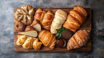 A top view of a variety of breakfast breads, including croissants and baguettes, on a wooden serving board.