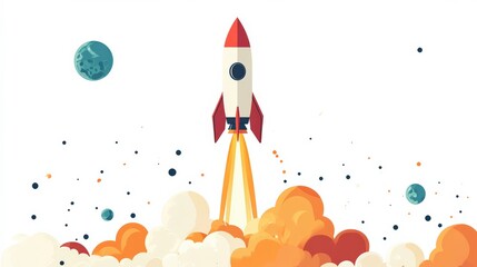 Rocket launching upwards, clean lines, minimal flat design illustration on white background, copy space for stock photo with minimal concept, No logo, No Trademark, No text