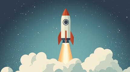 Obraz premium Rocket launching upwards, clean lines, minimal flat design illustration on white background, copy space for stock photo with minimal concept, No logo, No Trademark, No text