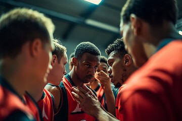 Basketball Coach Team Huddle Timeout. Inspiring Basketball Team to Victory.