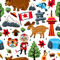 Bright cheerful children seamless vector pattern with symbols of Canada. American Indian, maple leaf, grizzly, Niagara waterfall. Alaska landmarks. Childish Forest travel background. North America