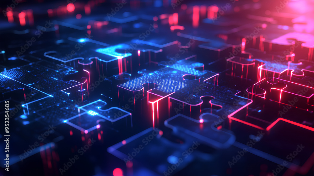 Poster digital representation of api integration concept with two interlocking puzzle pieces against a futu
