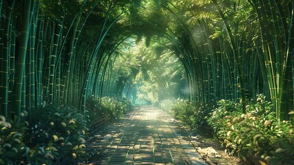 Naklejka premium Take a stroll through a calm sanctuary where towering bamboo stalks form a lush canopy