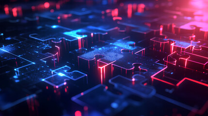 Digital representation of API integration concept with two interlocking puzzle pieces against a futuristic tech-inspired abstract background, symbolizing connectivity and interoperability