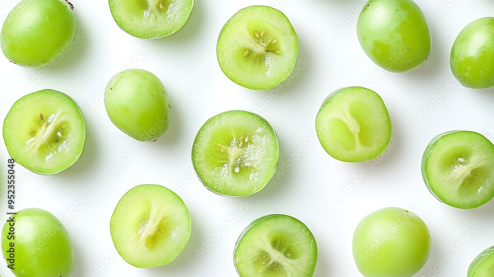 Poster Green grapes and half sliced isolated on white background Top view Flat lay Grape pattern texture background : Generative AI