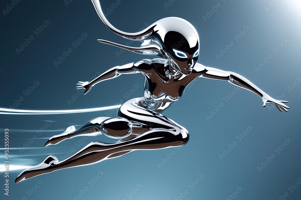 Poster futuristic shimmering chrome entity gliding gracefully in fluid metallic style