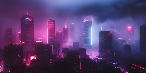 Obraz premium Majestic Cityscape with Gleaming Skyscrapers and Neon Lit Urban Landscape