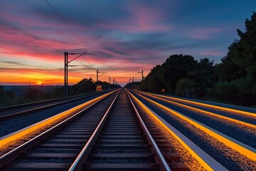 Fototapeta premium Glowing Railway Route Against a Stunning Sunset