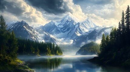 Majestic snowy mountain peaks and evergreen forest reflect in a serene alpine lake under dramatic cloudy sky