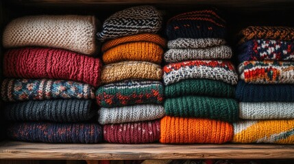 A top view of neatly arranged colorful sweaters stacked on a wooden shelf, showcasing various textures and patterns.