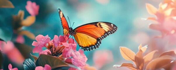 A vividly colorful butterfly perched atop a flower