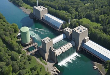 Naklejka premium Renewable energy sources: hydroelectric power plants, heat pumps, healthy clean energy creation 